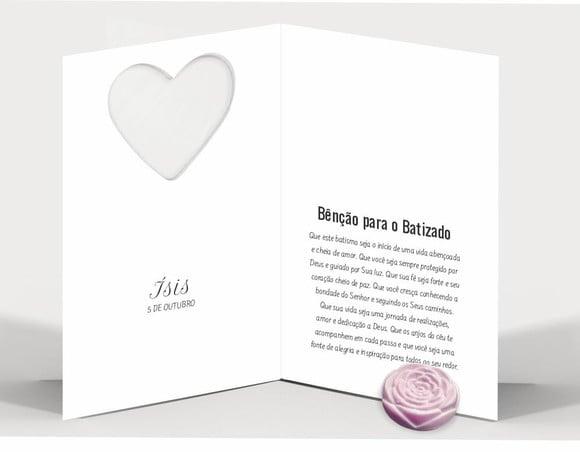 Cartão Batismo Personalizado c/ Aplique Mini Flor Rosa.