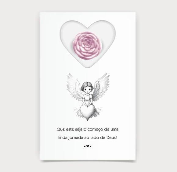 Cartão Batismo Personalizado c/ Aplique Mini Flor Rosa.