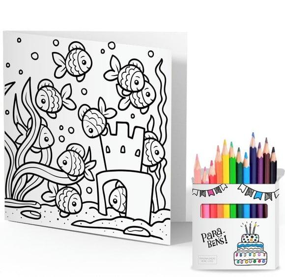 Cartão de Pintar + Lápis de Cor, Personalizados. Peixinhos,