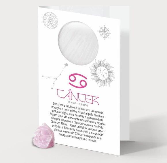 Cartão Person. Signo Câncer + Quartzo Rosa. Pct c/ 12 Kits.