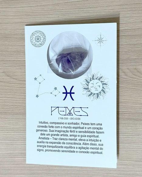Cartão Person. Signo Peixes + Ametista. Pct c/ 12 Kits.