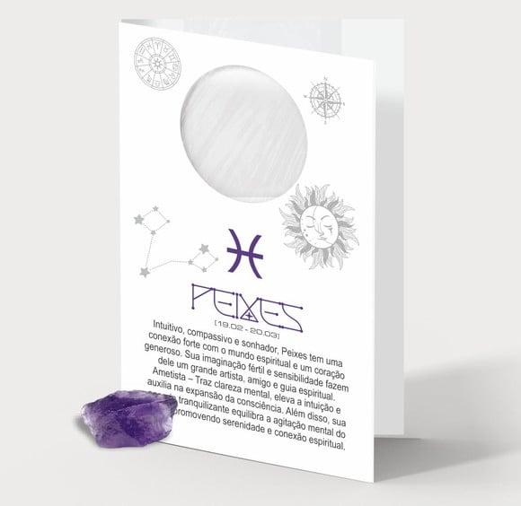 Cartão Person. Signo Peixes + Ametista. Pct c/ 12 Kits.