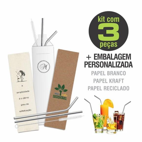 Kit Canudo Inox c/ 3 Pçs + Embalagem Personalizados