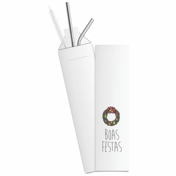 Kit Canudo Inox c/ 3 Pçs + Embalagem Personalizados Natal