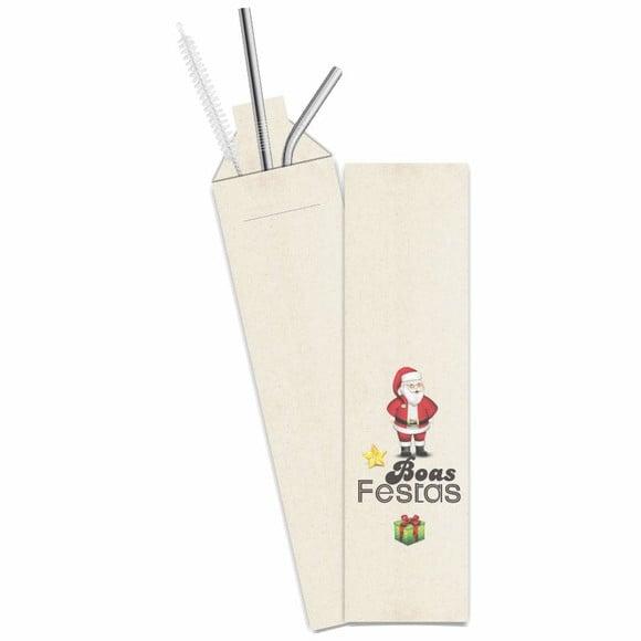 Kit Canudo Inox c/ 3 Pçs + Embalagem Personalizados Natal