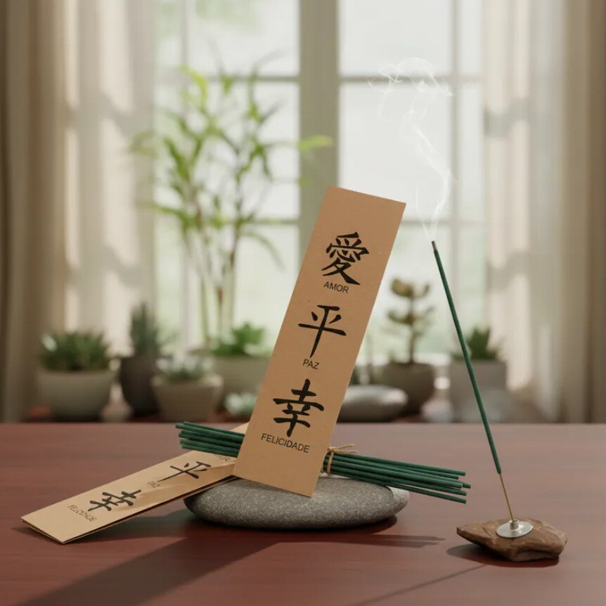 Kit Incenso Personalizado Ideograma Japonês Sucesso Kraft - 24un