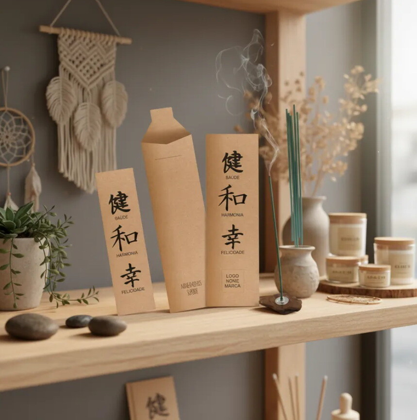 Kit Incenso Personalizado Ideograma Oriental Felicidade Branco - 