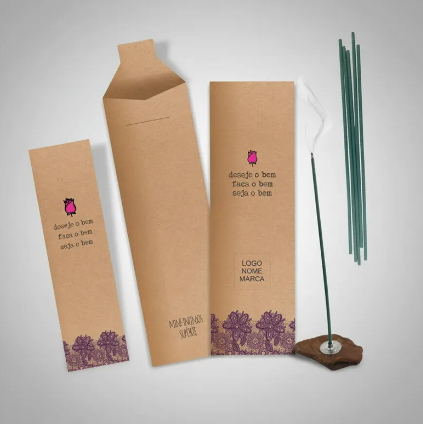 Kit Incenso Personalizado Rosa Botão Renda Roxa Kraft - 24un
