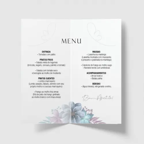 Cardápio / Menu Personalizado Casamento e Festas
