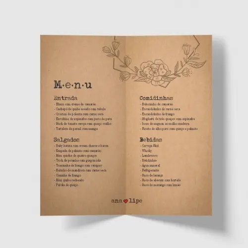 Cardápio / Menu Personalizado Casamento e Festas