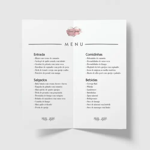 Cardápio / Menu Personalizado Casamento e Festas