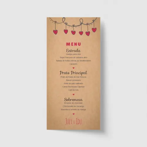 Cardápio / Menu personalizado casamento e festas 10cm x 21cm