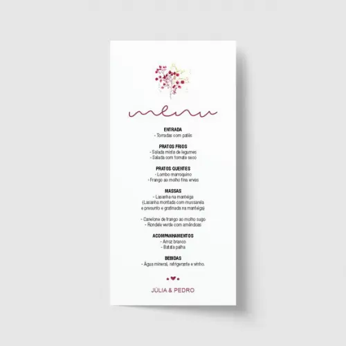 Cardápio / Menu personalizado casamento e festas 10cm x 21cm