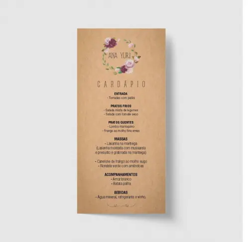 Cardápio / Menu personalizado casamento e festas 10cm x 21cm