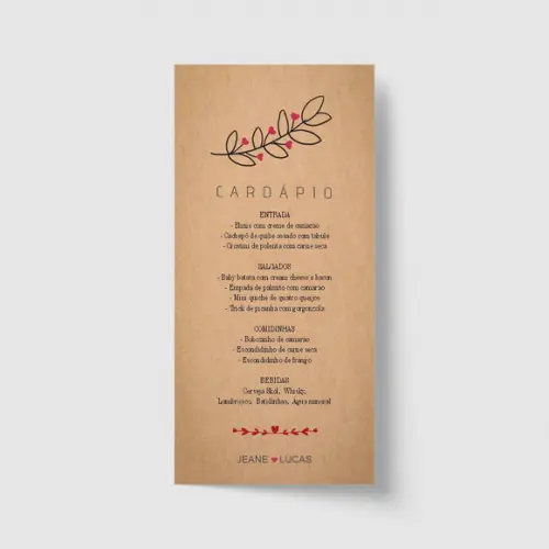 Cardápio / Menu personalizado casamento e festas 10cm x 21cm