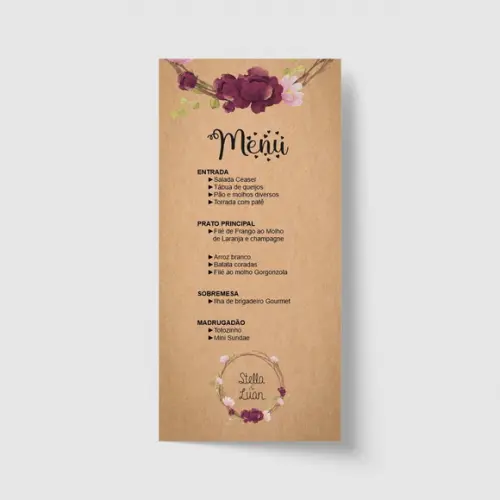 Cardápio / Menu Personalizado Casamento e Festas 10cm x 21cm