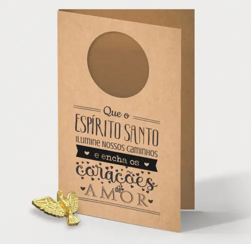 Cartão Batismo Person. c/ Aplique Divino Espírito Santo Ouro