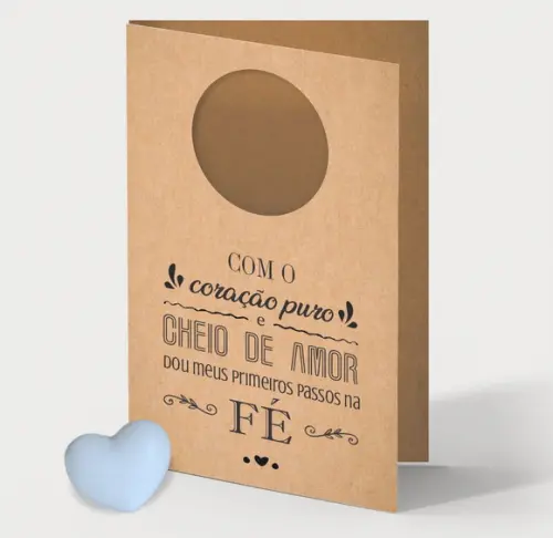 Cartão Batismo Personalizado c/ Aplique Mini Coração Azul.