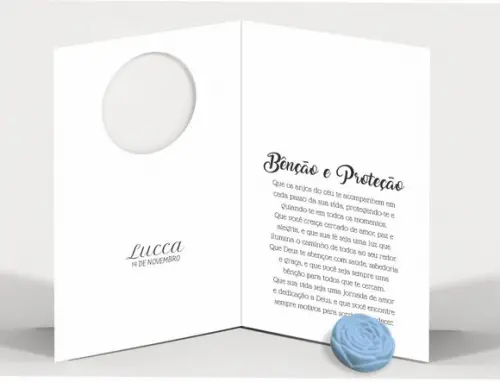 Cartão Batismo Personalizado c/ Aplique Mini Flor Azul.