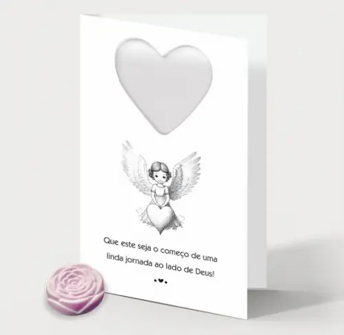Cartão Batismo Personalizado c/ Aplique Mini Flor Rosa.