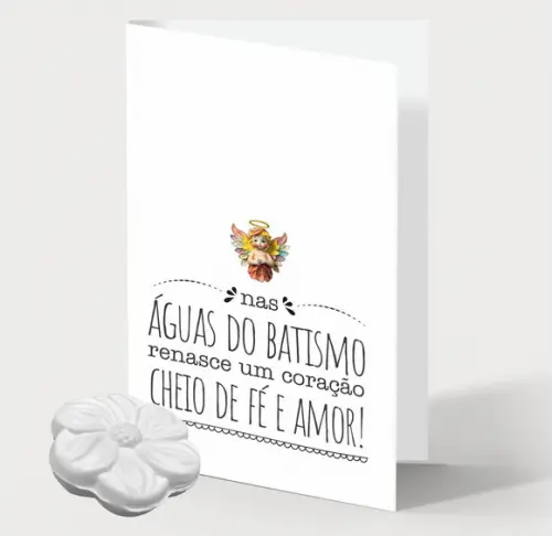 Cartão Batismo Personalizado c/ Aplique Sabonete Flor.