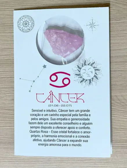 Cartão Person. Signo Câncer + Quartzo Rosa. Pct c/ 12 Kits.