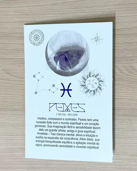 Cartão Person. Signo Peixes + Ametista. Pct c/ 12 Kits.