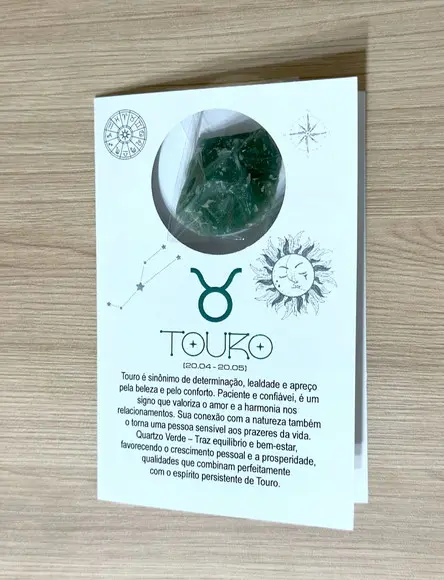 Cartão Person. Signo Touro + Quartzo Verde. Pct c/ 12 Kits