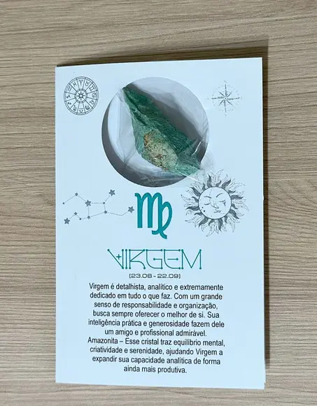 Cartão Person. Signo Virgem + Amazonita. Pct c/ 12 Kits.