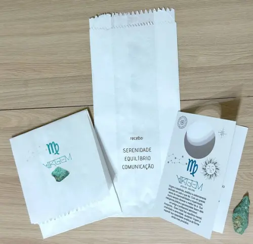 Cartão Person. Signo Virgem + Amazonita. Pct c/ 12 Kits.