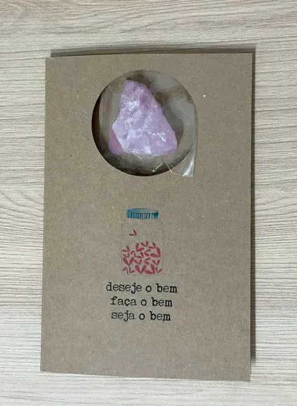 Cartão Personalizado + Cristal Quartzo Rosa. Pct c/ 12 Kits.