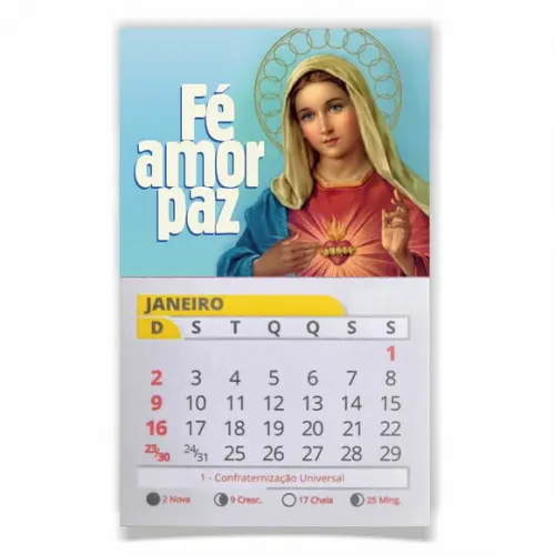 ÍMÃ DE GELADEIRA C/ CALENDÁRIO FÉ AMOR PAZ