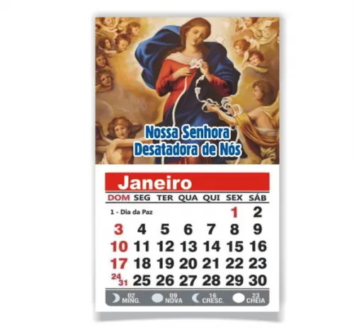 ÍMÃ DE GELADEIRA C/ CALENDÁRIO N. SRA, DESATADORA DE NÓS