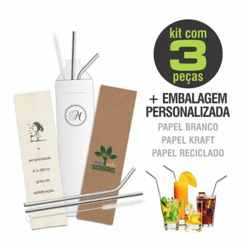 Kit canudo inox c/ 3 pçs + embalagem personalizados