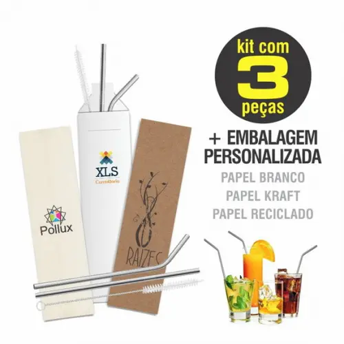 Kit Canudo Inox c/ 3 Pçs + Embalagem Personalizados