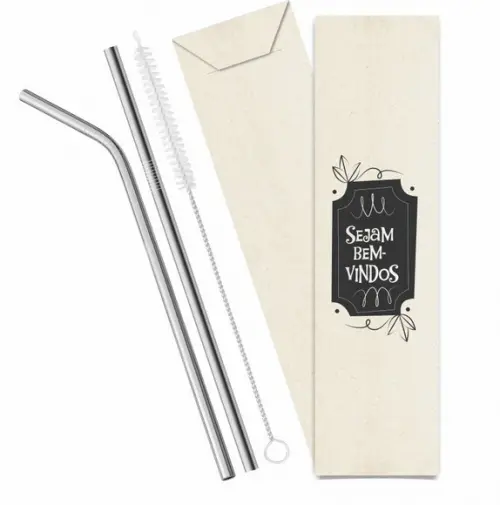 Kit Canudo Inox c/ 3 Pçs + Embalagem Personalizados