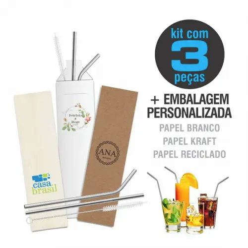 Kit Canudo Inox c/ 3 Pçs + Embalagem Personalizados