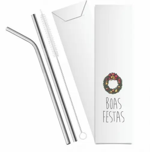 Kit Canudo Inox c/ 3 Pçs + Embalagem Personalizados Natal