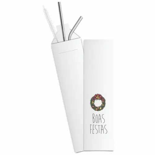 Kit Canudo Inox c/ 3 Pçs + Embalagem Personalizados Natal