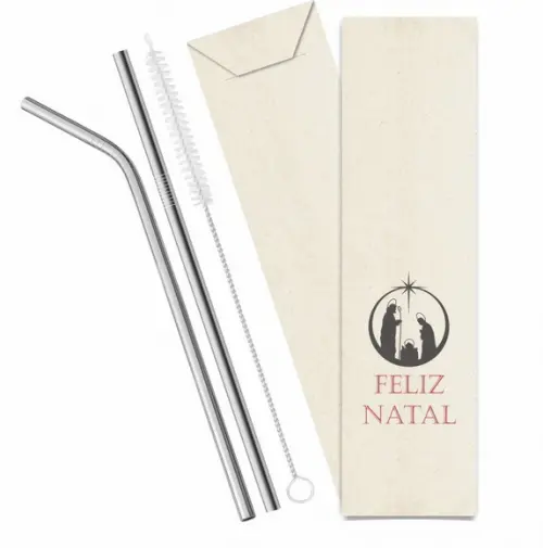 Kit Canudo Inox c/ 3 Pçs + Embalagem Personalizados Natal