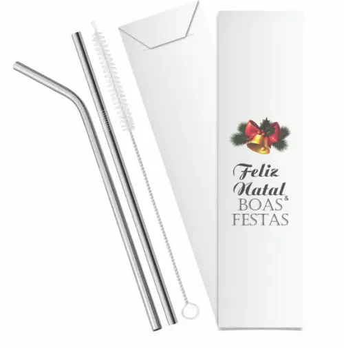 Kit Canudo Inox c/ 3 Pçs + Embalagem Personalizados Natal