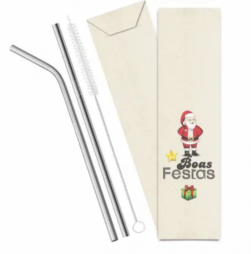 Kit Canudo Inox c/ 3 Pçs + Embalagem Personalizados Natal