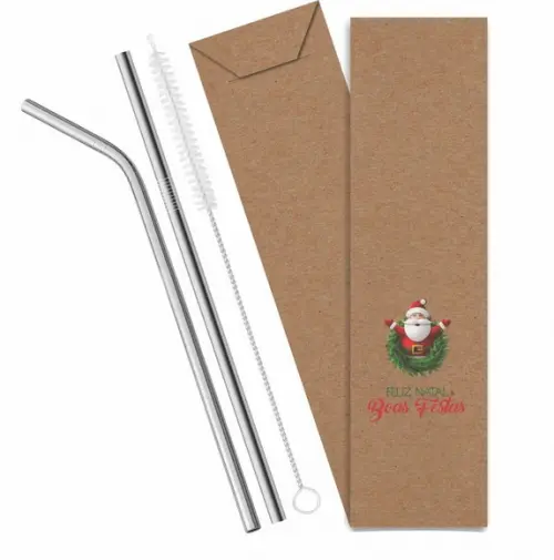 Kit Canudo Inox c/ 3 Pçs + Embalagem Personalizados Natal