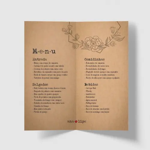 Cardápio / Menu Personalizado Casamento e Festas