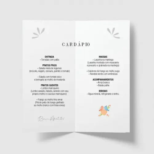 Cardápio / Menu Personalizado Casamento e Festas