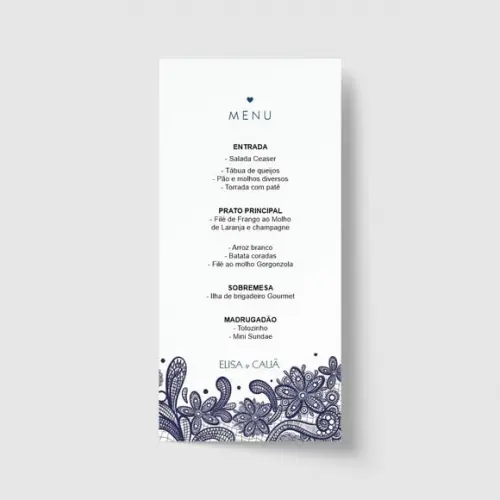 Cardápio / Menu personalizado casamento e festas 10cm x 21cm