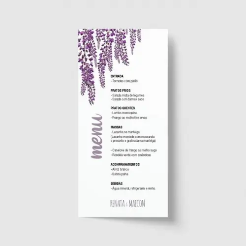 Cardápio / Menu personalizado casamento e festas 10cm x 21cm