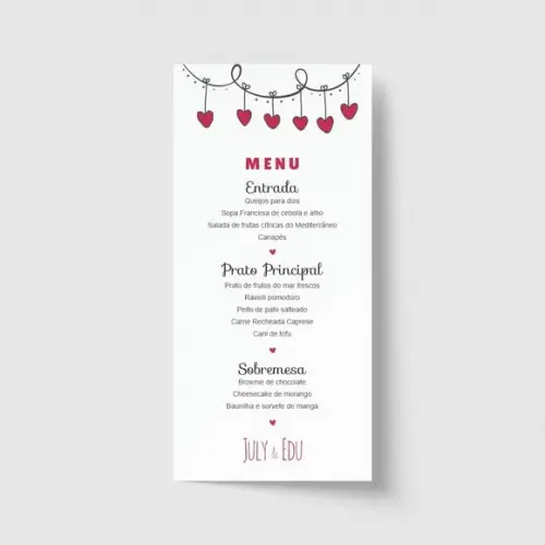 Cardápio / Menu personalizado casamento e festas 10cm x 21cm