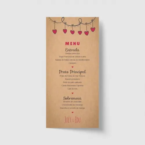 Cardápio / Menu personalizado casamento e festas 10cm x 21cm