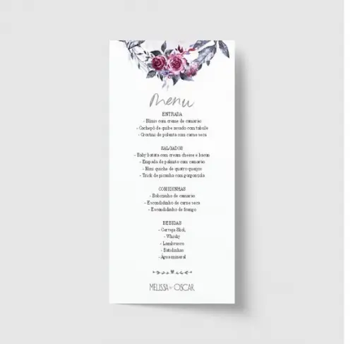 Cardápio / Menu personalizado casamento e festas 10cm x 21cm